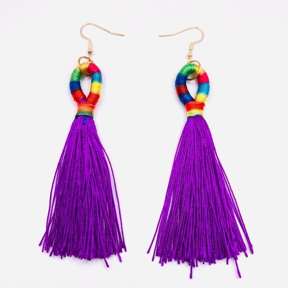 Long Rainbow Purple Tassel Earrings